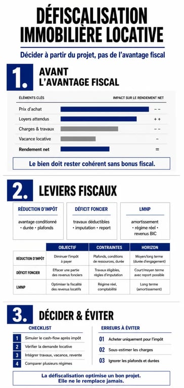 Défiscalisation immobilier locatif : infographie sur le projet locatif, les leviers fiscaux et les erreurs à éviter