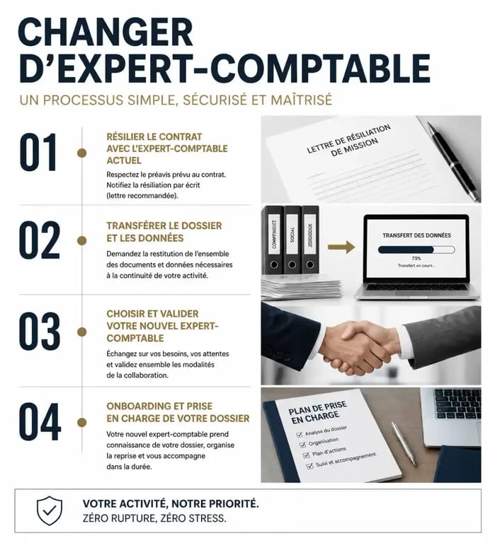 Infographie illustrant les étapes pour comment changer expert comptable en toute sécurité
