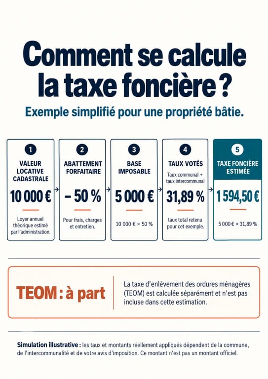 Calculatrice taxe foncière : infographie de la formule entre VLC, base imposable et taux locaux