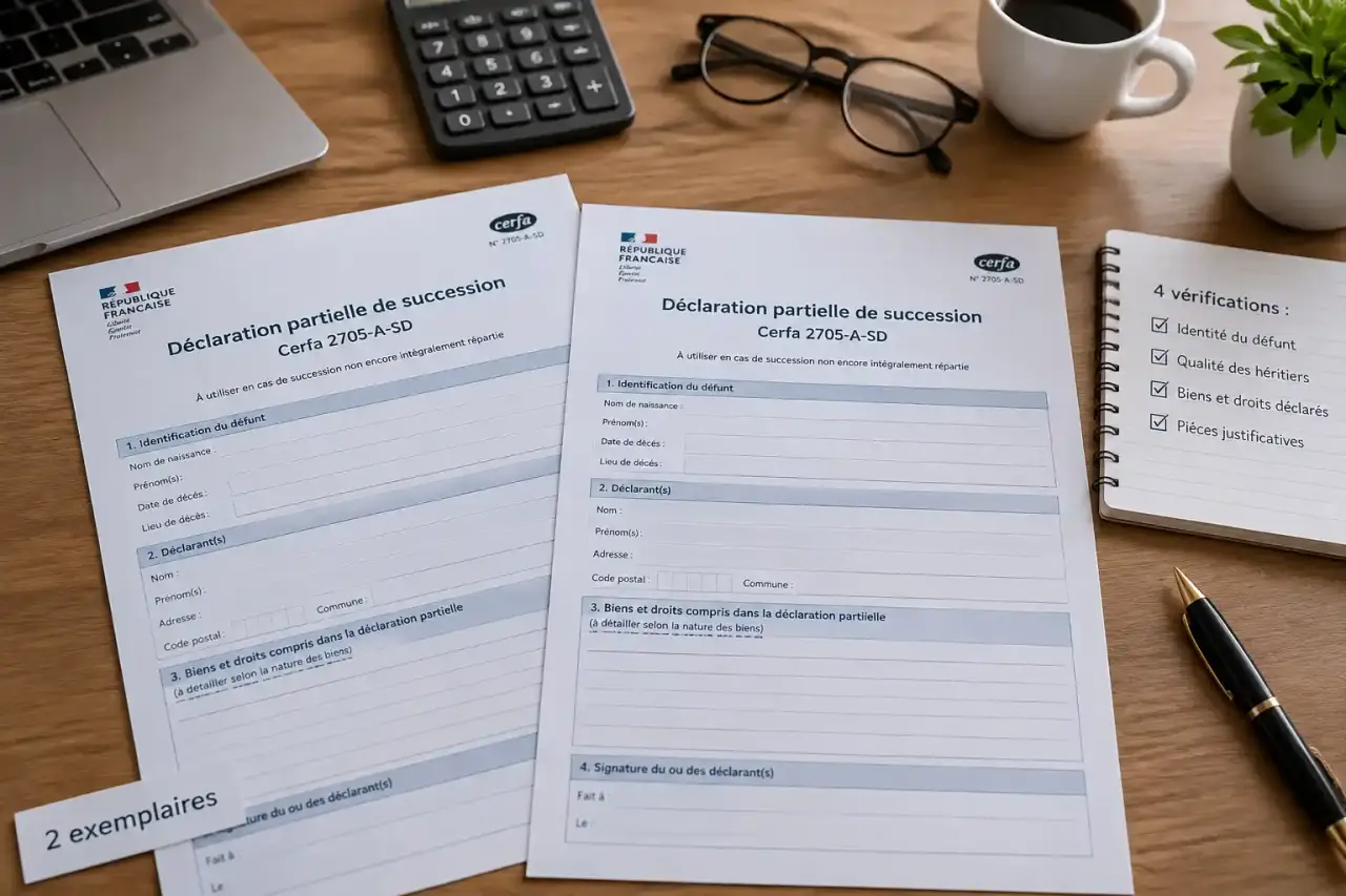 Déclaration partielle de succession : le Cerfa 2705-A-SD en 2 exemplaires et 4 vérifications