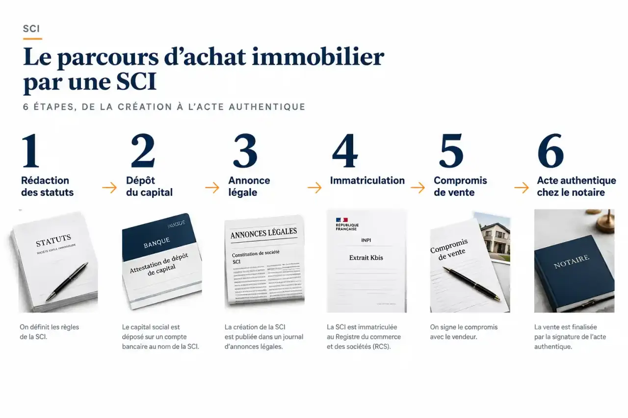 Étapes de l'achat immobilier par SCI : statuts, capital, annonce légale, immatriculation et acte authentique