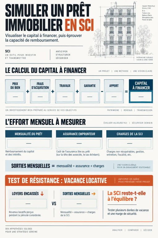 Simulation de prêt immobilier en SCI avec plan de financement et test de résistance