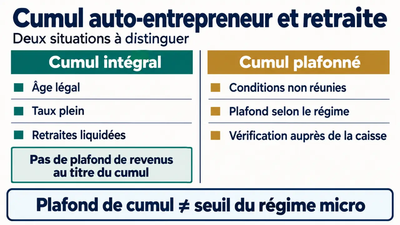 Infographie sur le cumul auto-entrepreneur et retraite : cumul intégral ou cumul plafonné