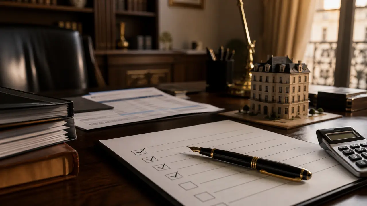 Bureau moderne haut de gamme avec documents fiscaux et ambiance professionnelle