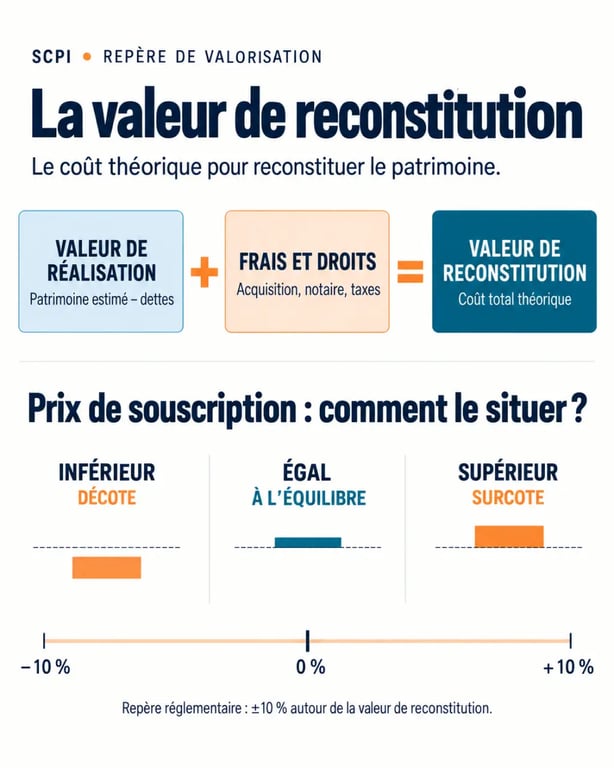 Infographie sur la valeur de reconstitution des SCPI, la décote et la surcote