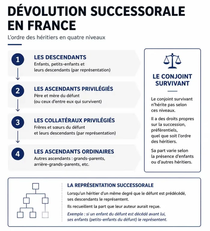 Dévolution successorale exemple : schéma de l'ordre des héritiers, du conjoint survivant et de la représentation successorale