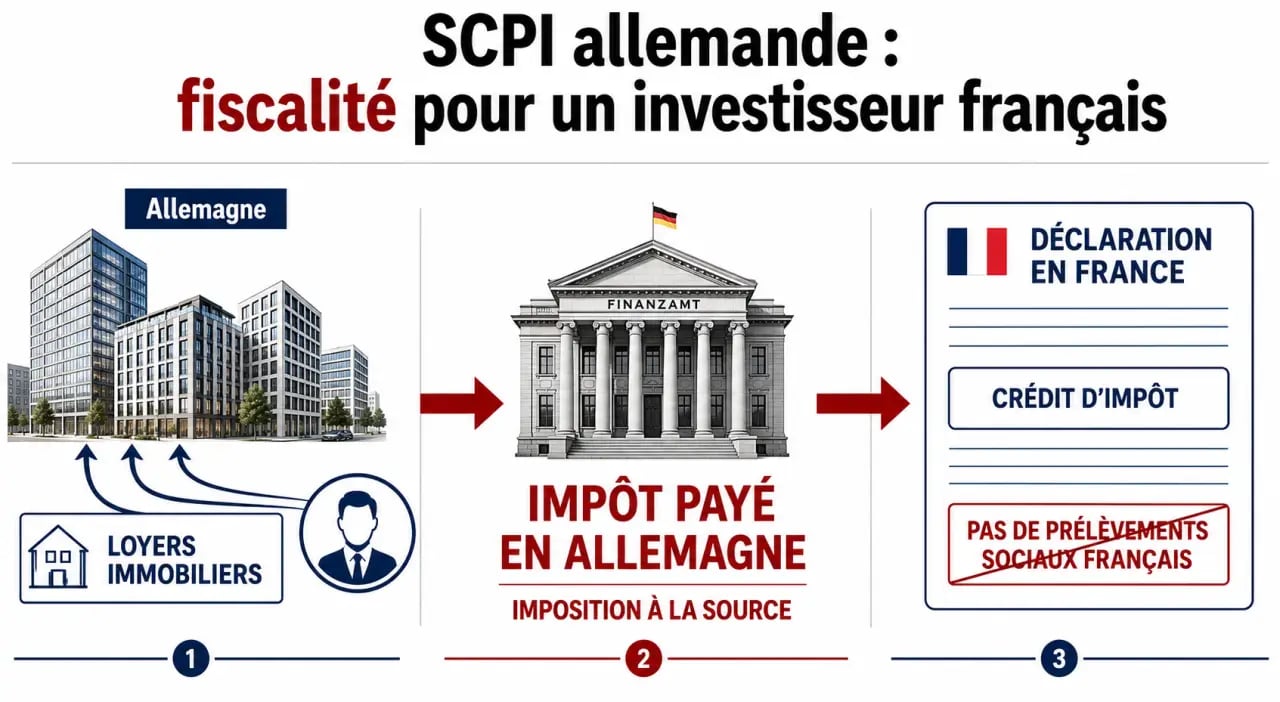 Fiscalité SCPI allemande : schéma du mécanisme d’impôt en Allemagne, crédit d’impôt en France et absence de prélèvements sociaux