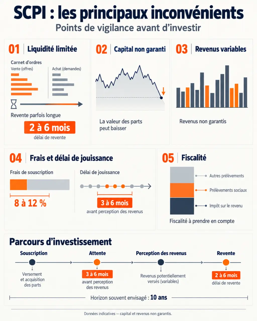 Infographie sur les inconvénients des SCPI : liquidité, capital, frais, fiscalité et délai de revente