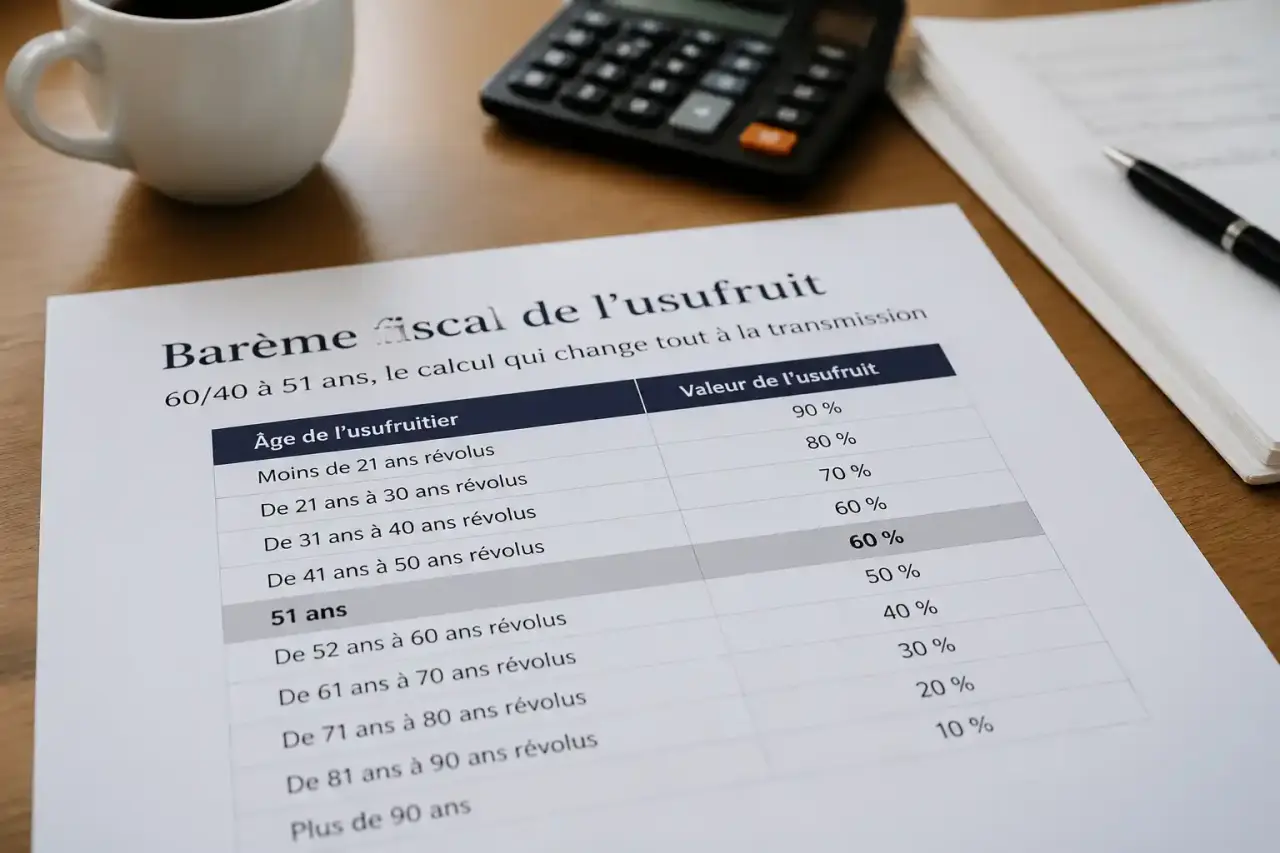 Barème fiscal de l'usufruit : 60/40 à 51 ans, le calcul qui change tout à la transmission