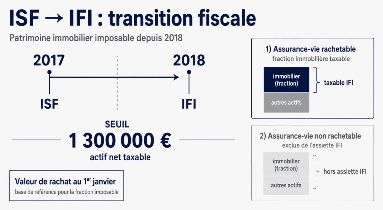 ISF et assurance vie : schéma comparatif des contrats rachetables, non rachetables et de la fraction immobilière taxable à l’IFI
