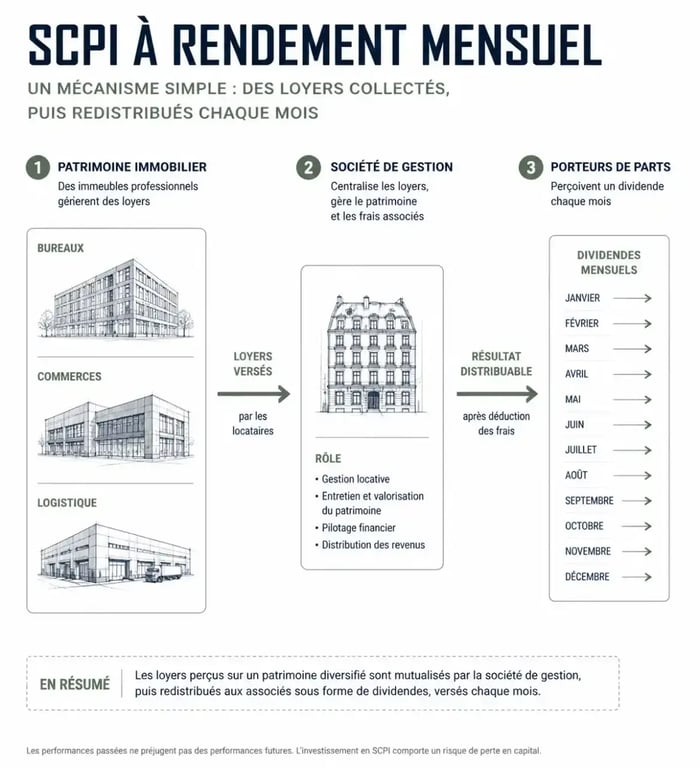 Schéma du fonctionnement d'une SCPI à rendement mensuel et versement des dividendes