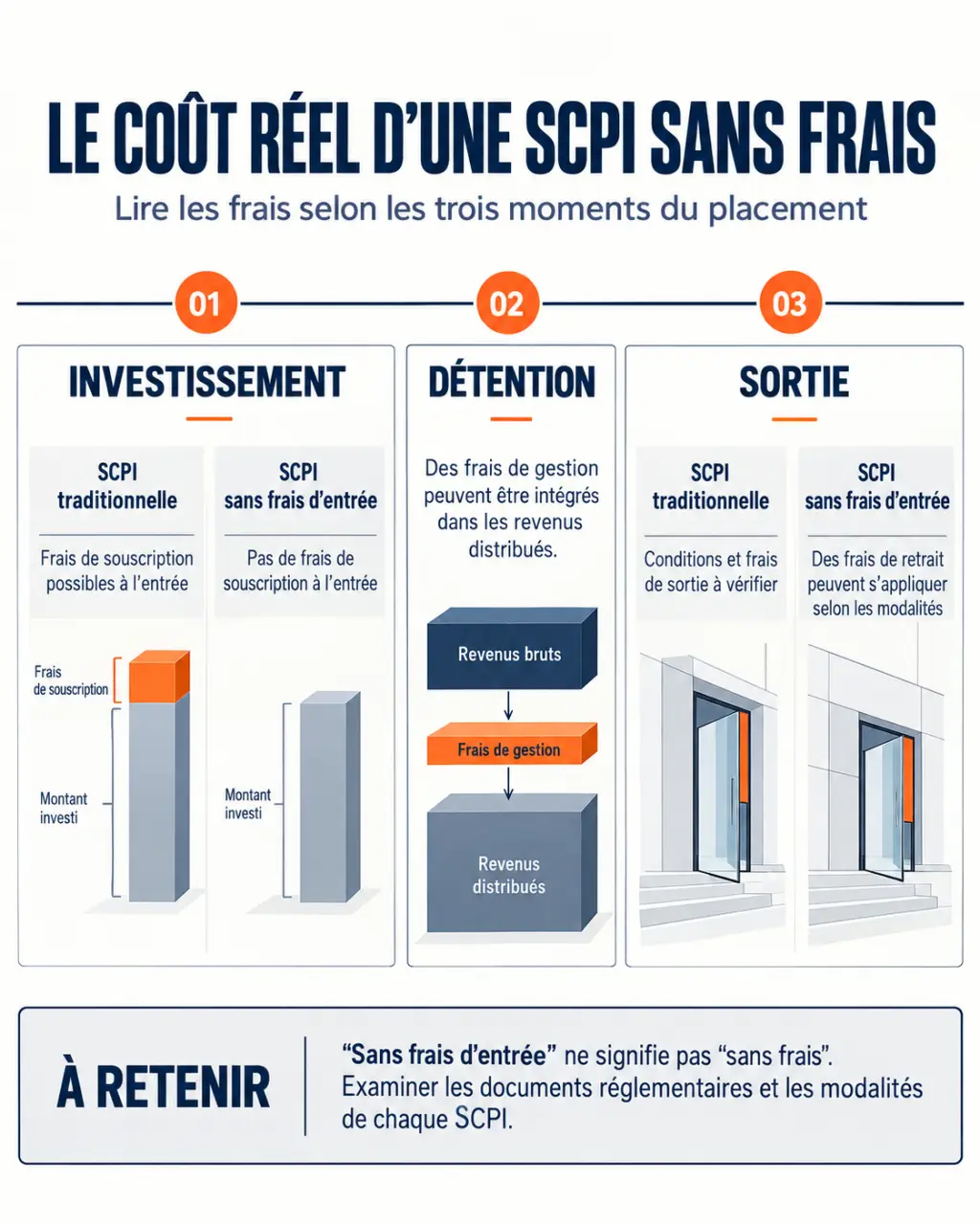 Infographie sur les frais d’une SCPI sans frais d’entrée entre souscription, détention et retrait