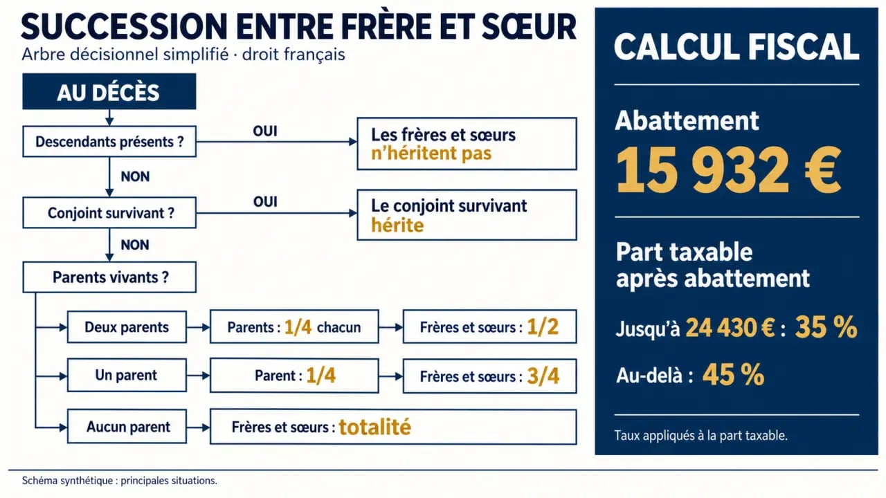 Infographie sur la succession frère sœur, ordre des héritiers et droits de succession