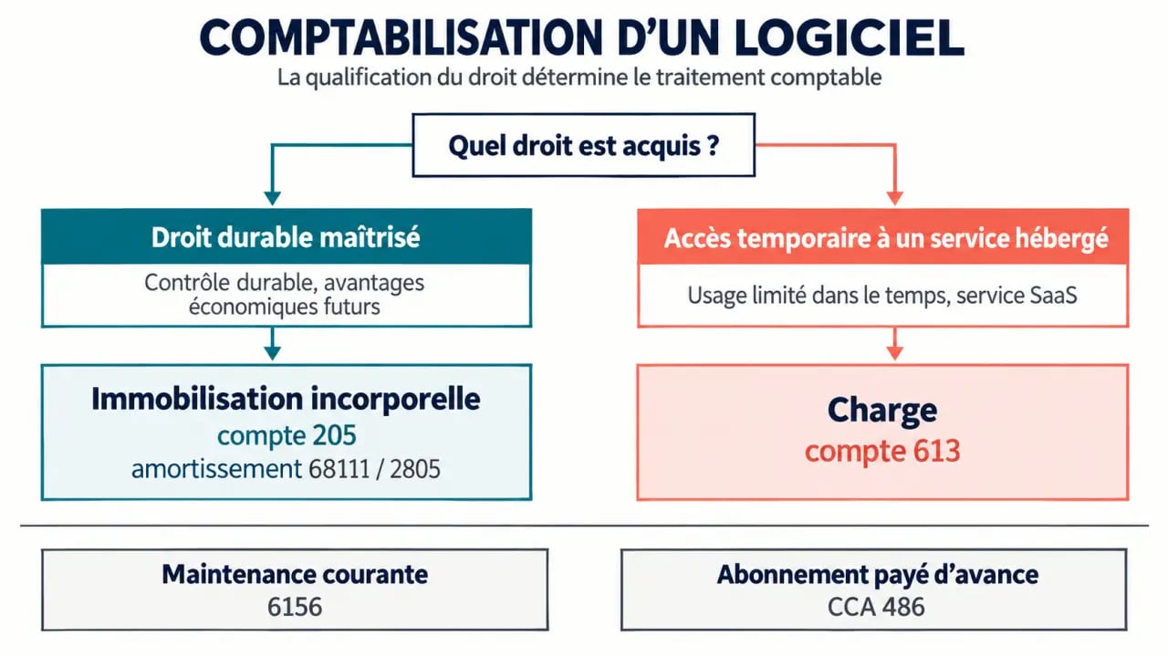 Infographie sur la comptabilisation logiciel : immobilisation, SaaS, maintenance et charge constatée d'avance