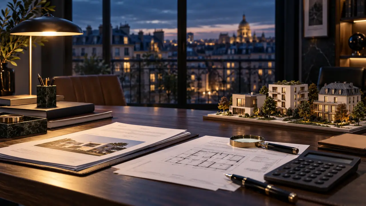Documents fiscaux et patrimoine immobilier sur un bureau élégant