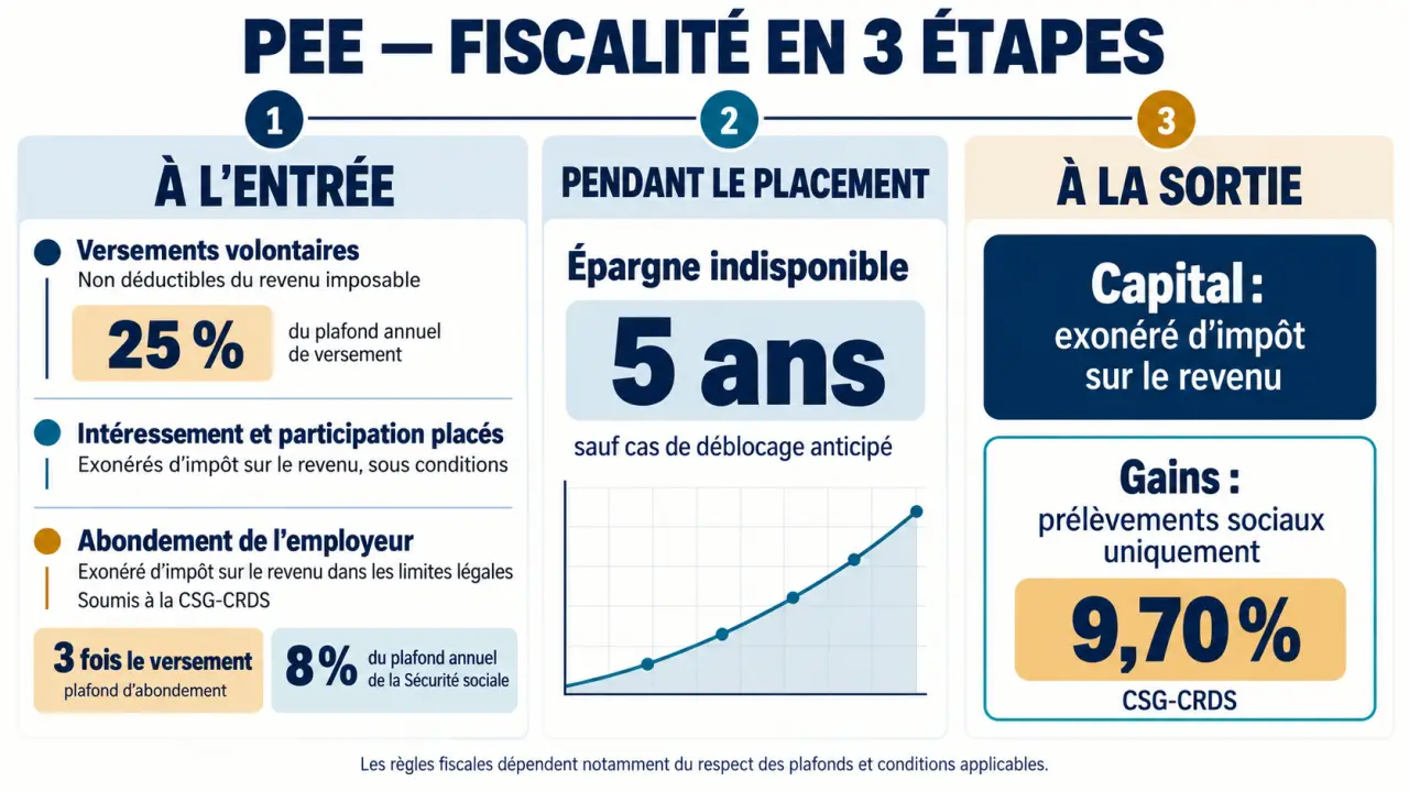 Infographie sur la fiscalité PEE à l'entrée, pendant le placement et à la sortie