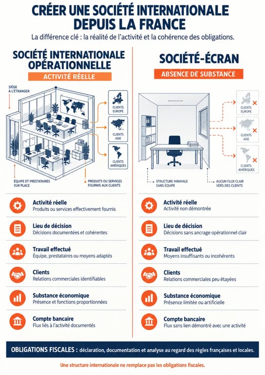 Infographie sur la création d’une société offshore depuis la France et la différence entre activité réelle et société-écran